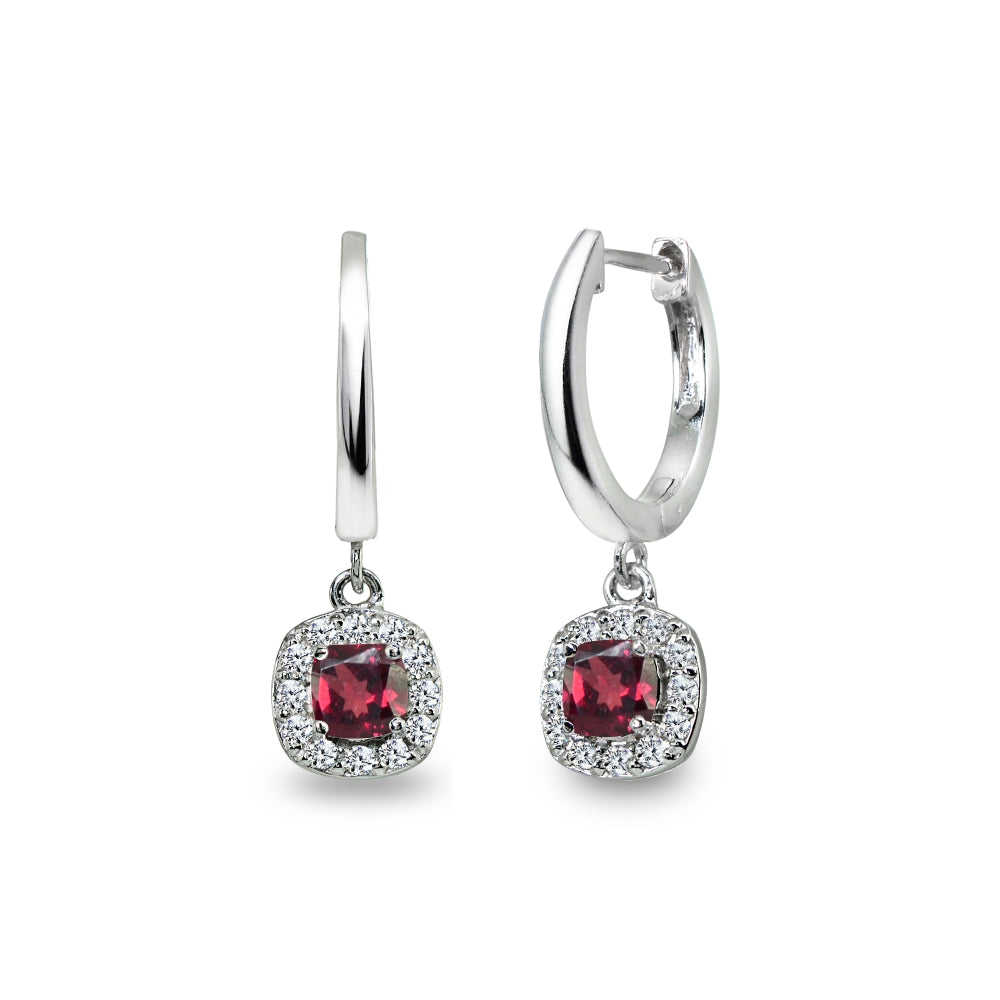 Sterling Silver Synthetic Ruby & Cubic Zirconia Cushion-Cut Halo Small Dangle Huggie Hoop Earrings