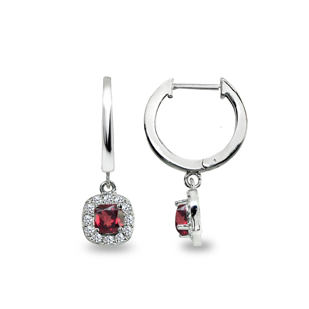 Sterling Silver Synthetic Ruby & Cubic Zirconia Cushion-Cut Halo Small Dangle Huggie Hoop Earrings-4
