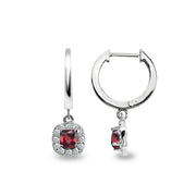 Sterling Silver Synthetic Ruby & Cubic Zirconia Cushion-Cut Halo Small Dangle Huggie Hoop Earrings
