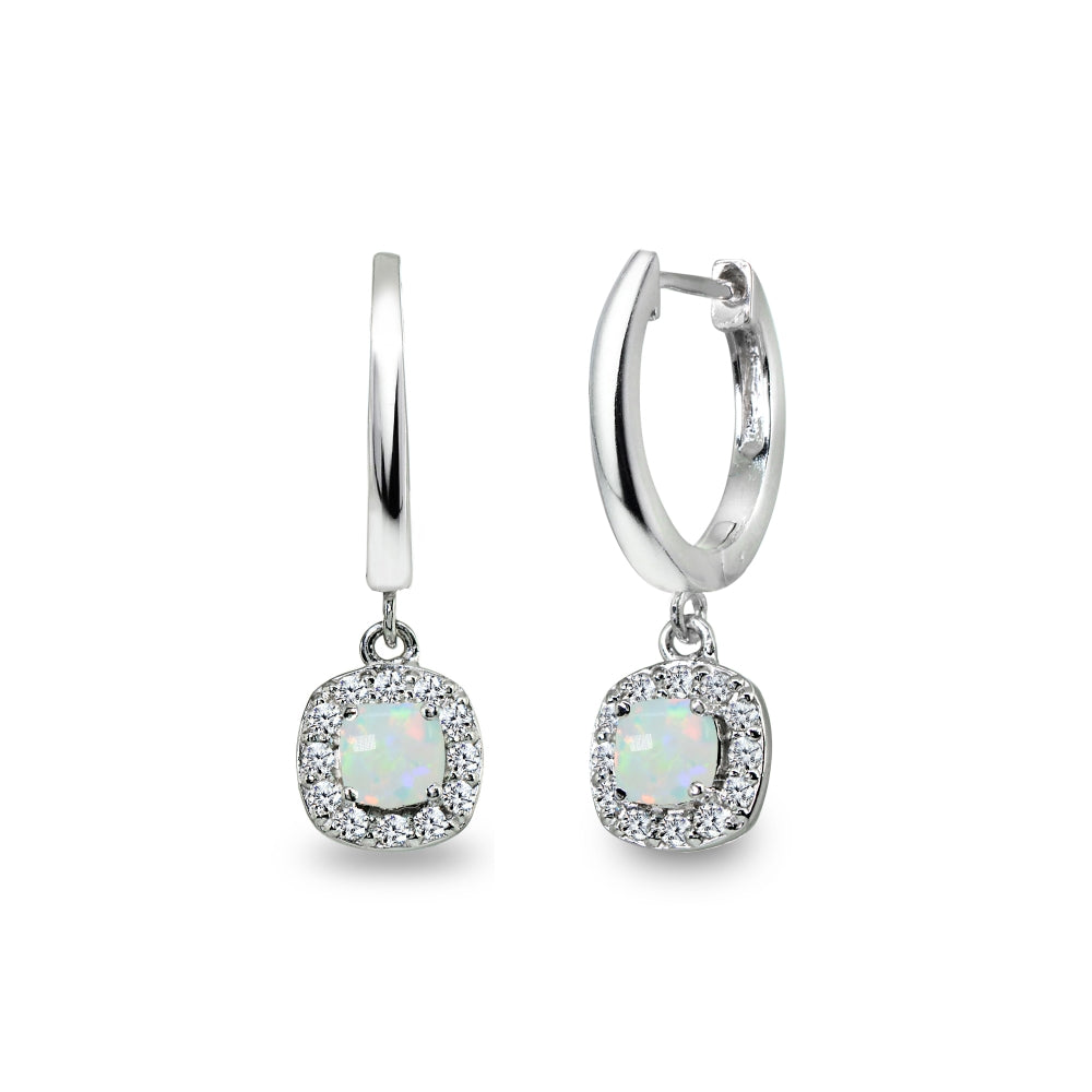 Sterling Silver Synthetic White Opal & Cubic Zirconia Cushion-Cut Halo Small Dangle Huggie Hoop Earrings