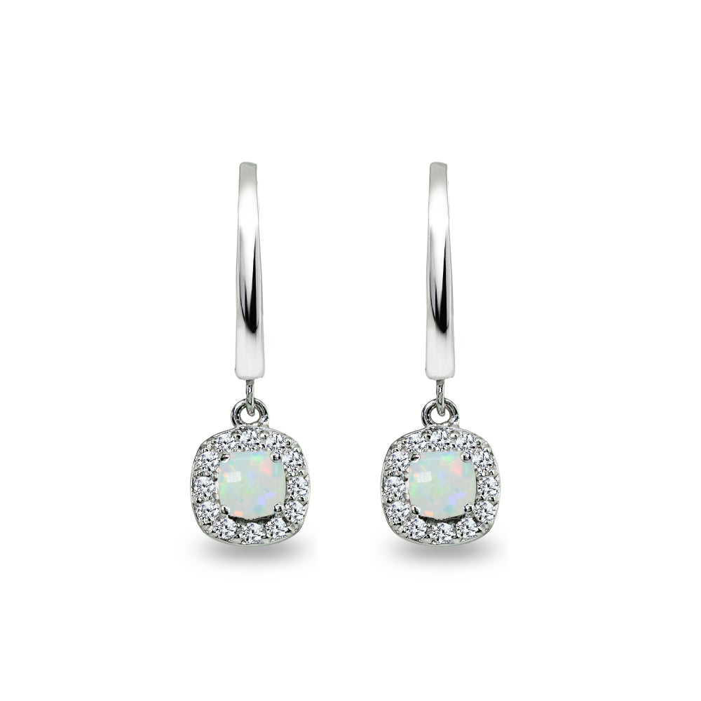 Sterling Silver Synthetic White Opal & Cubic Zirconia Cushion-Cut Halo Small Dangle Huggie Hoop Earrings-3