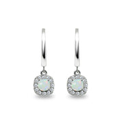 Sterling Silver Synthetic White Opal & Cubic Zirconia Cushion-Cut Halo Small Dangle Huggie Hoop Earrings