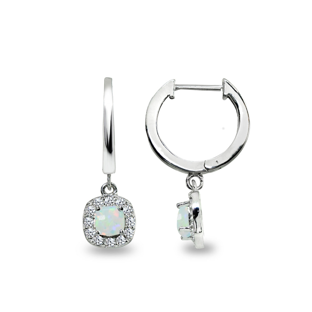 Sterling Silver Synthetic White Opal & Cubic Zirconia Cushion-Cut Halo Small Dangle Huggie Hoop Earrings-4
