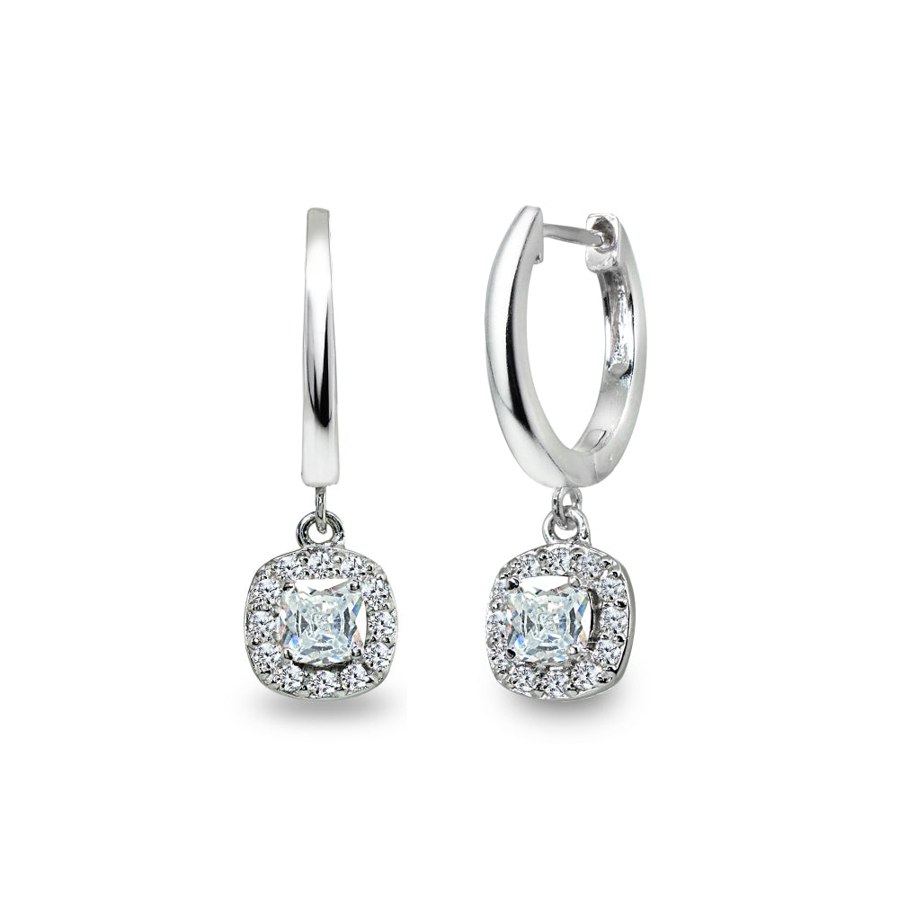 Sterling Silver Cubic Zirconia Cushion-Cut Halo Small Dangle Huggie Hoop Earrings