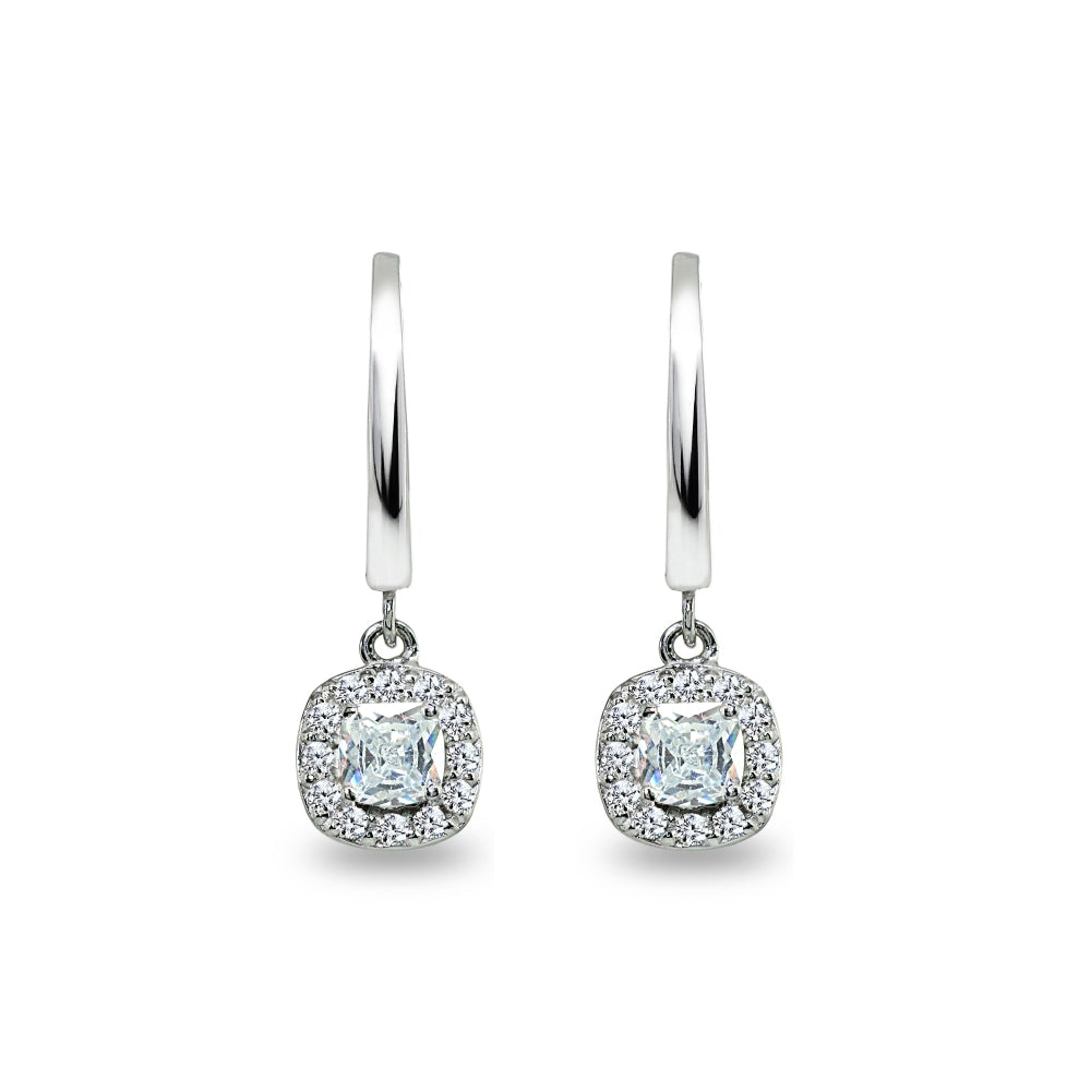 Sterling Silver Cubic Zirconia Cushion-Cut Halo Small Dangle Huggie Hoop Earrings-3