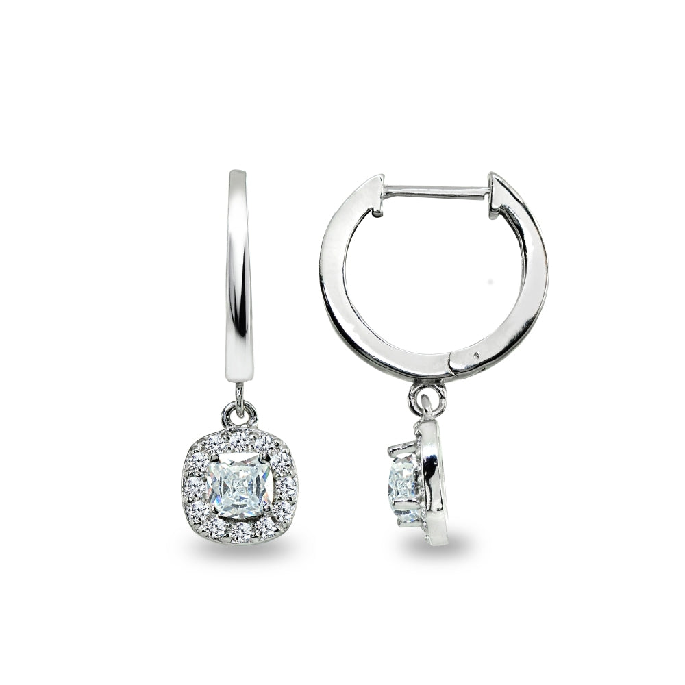 Sterling Silver Cubic Zirconia Cushion-Cut Halo Small Dangle Huggie Hoop Earrings-4
