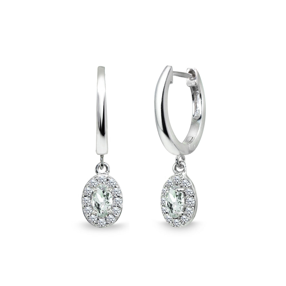Sterling Silver Light Aquamarine & Cubic Zirconia Oval-Cut Halo Small Dangle Huggie Hoop Earrings