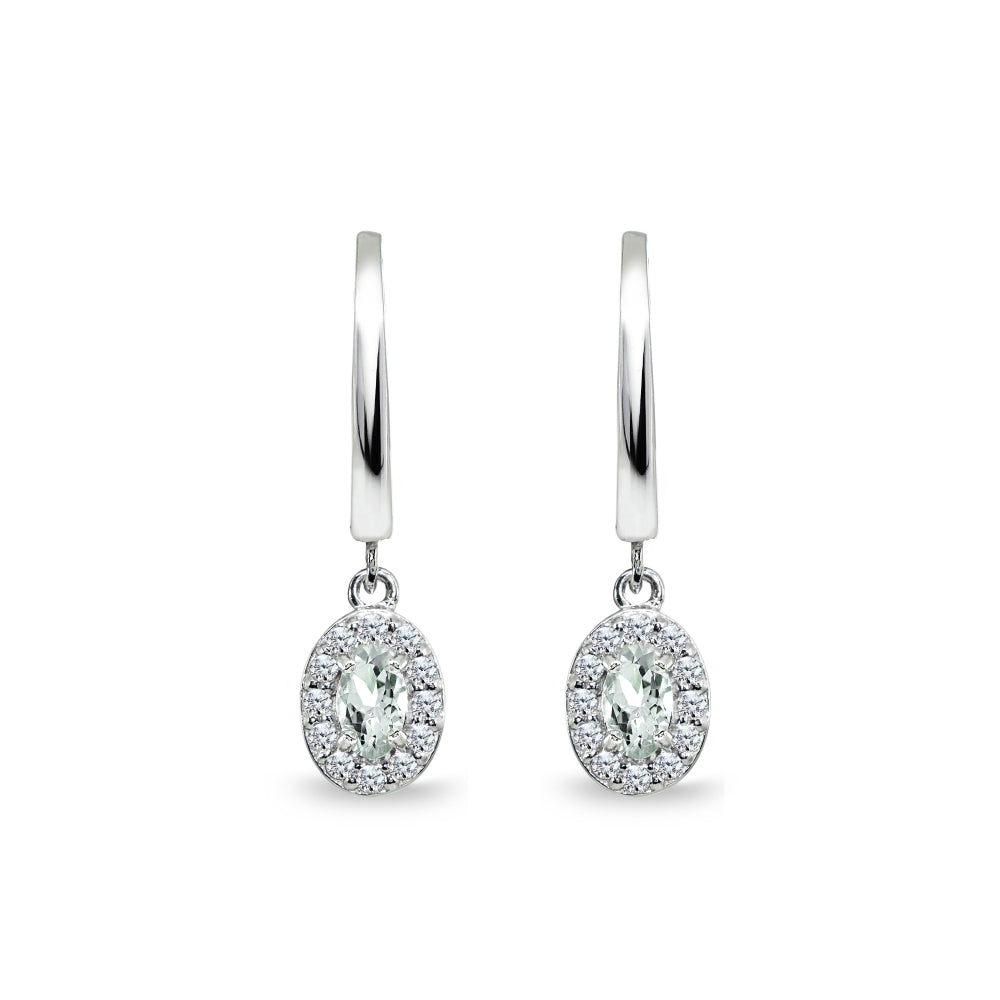 Sterling Silver Light Aquamarine & Cubic Zirconia Oval-Cut Halo Small Dangle Huggie Hoop Earrings-3