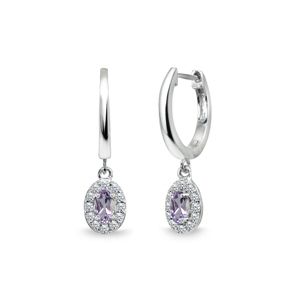 Sterling Silver Amethyst & Cubic Zirconia Oval-Cut Halo Small Dangle Huggie Hoop Earrings