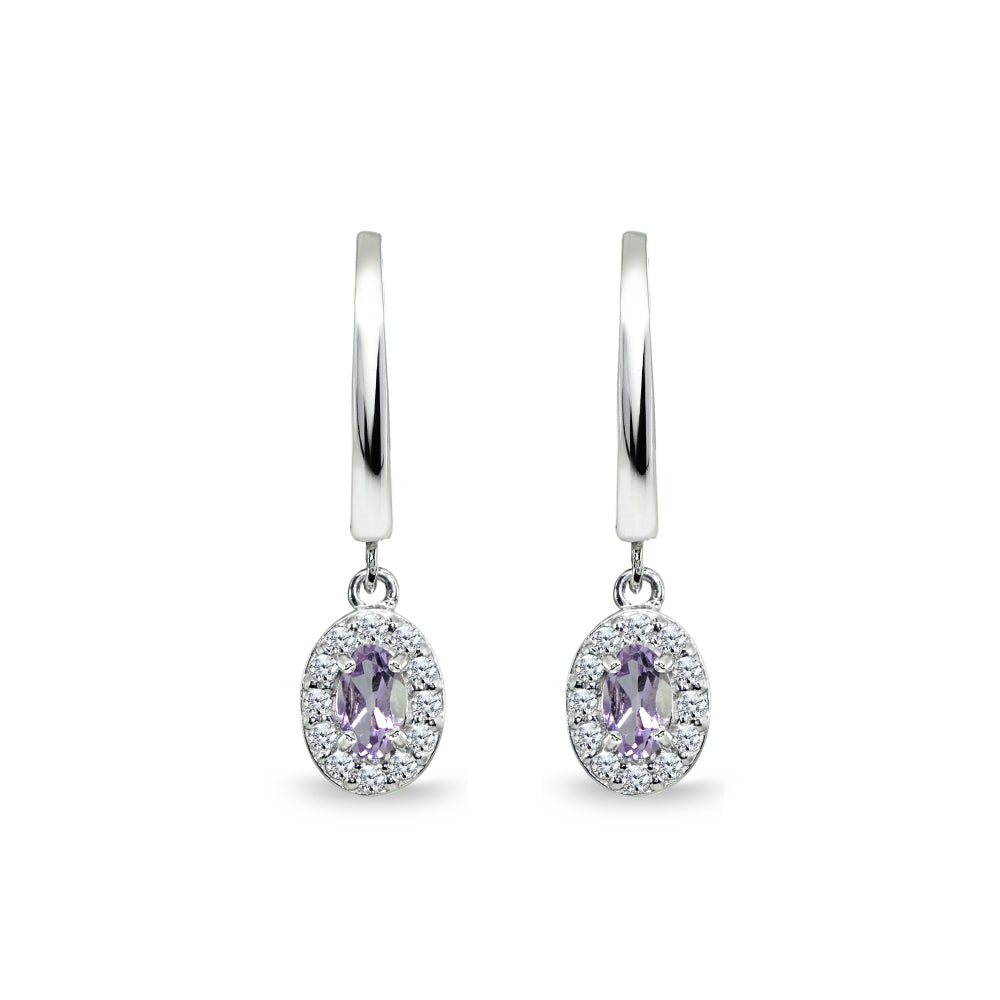 Sterling Silver Amethyst & Cubic Zirconia Oval-Cut Halo Small Dangle Huggie Hoop Earrings-3