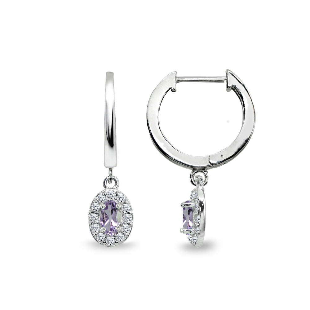 Sterling Silver Amethyst & Cubic Zirconia Oval-Cut Halo Small Dangle Huggie Hoop Earrings-4