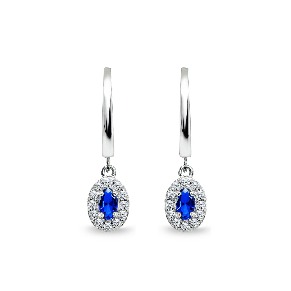 Sterling Silver Synthetic Blue Spinel & Cubic Zirconia Oval-Cut Halo Small Dangle Huggie Hoop Earrings-3