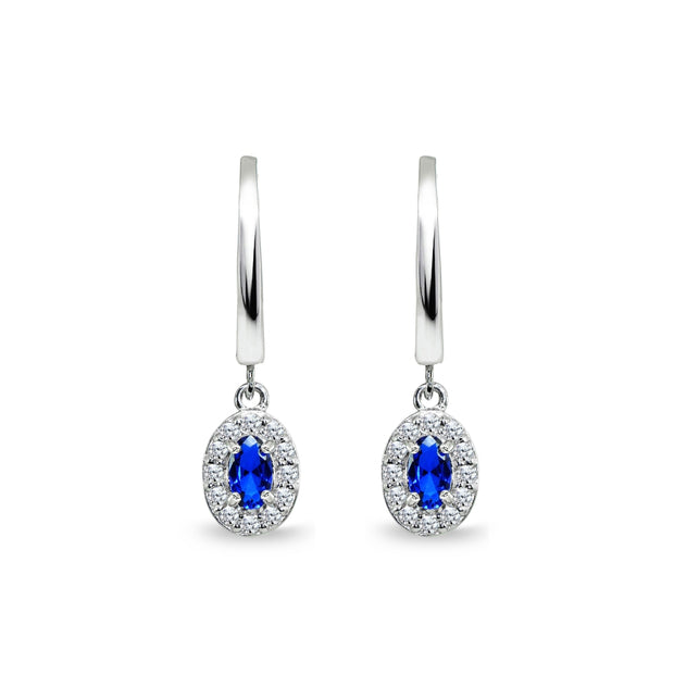 Sterling Silver Synthetic Blue Spinel & Cubic Zirconia Oval-Cut Halo Small Dangle Huggie Hoop Earrings