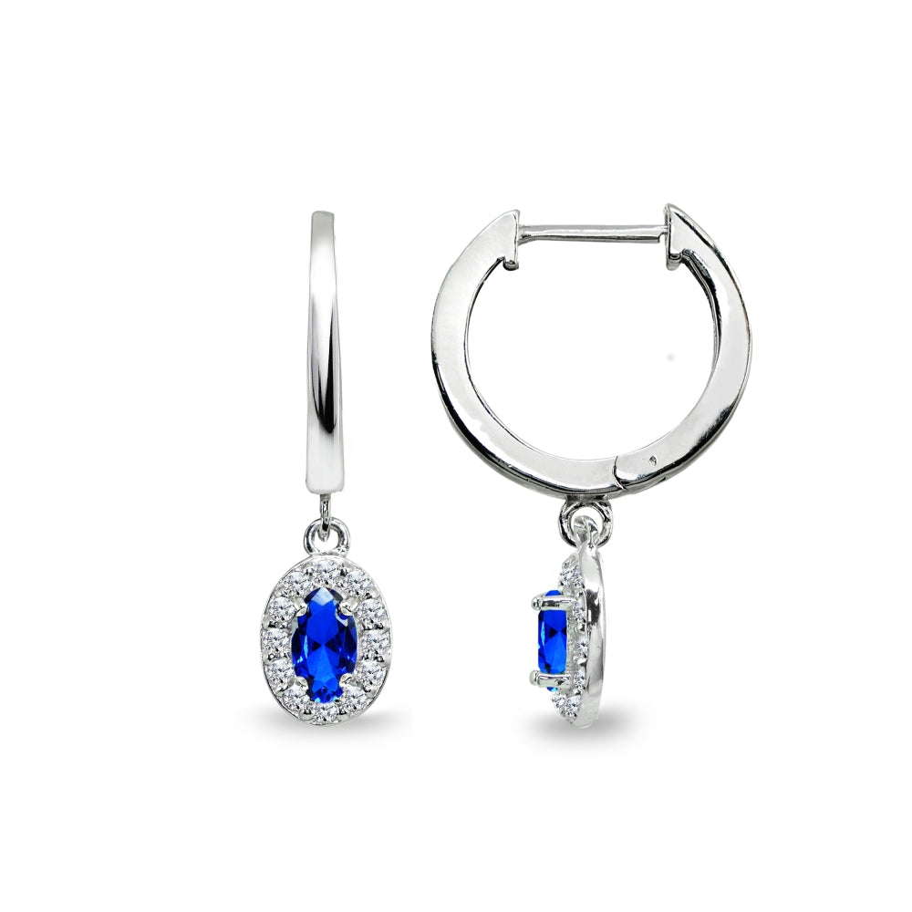Sterling Silver Synthetic Blue Spinel & Cubic Zirconia Oval-Cut Halo Small Dangle Huggie Hoop Earrings-4