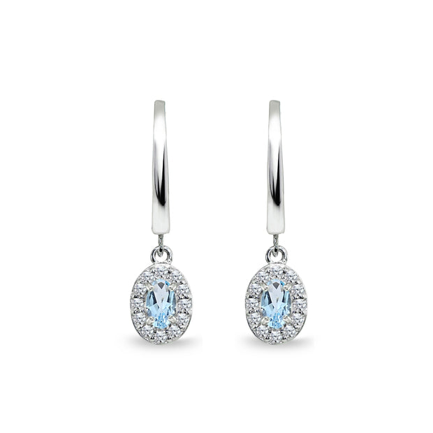 Sterling Silver Blue Topaz & Cubic Zirconia Oval-Cut Halo Small Dangle Huggie Hoop Earrings
