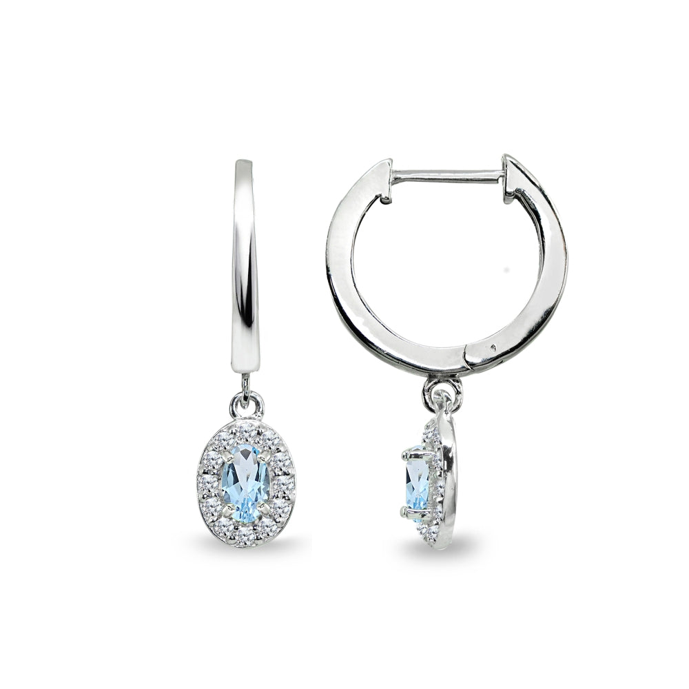 Sterling Silver Blue Topaz & Cubic Zirconia Oval-Cut Halo Small Dangle Huggie Hoop Earrings-4