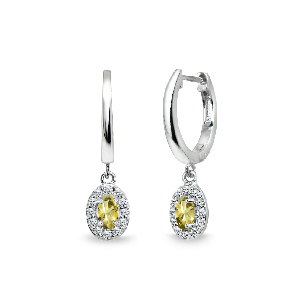 Sterling Silver Citrine & Cubic Zirconia Oval-Cut Halo Small Dangle Huggie Hoop Earrings