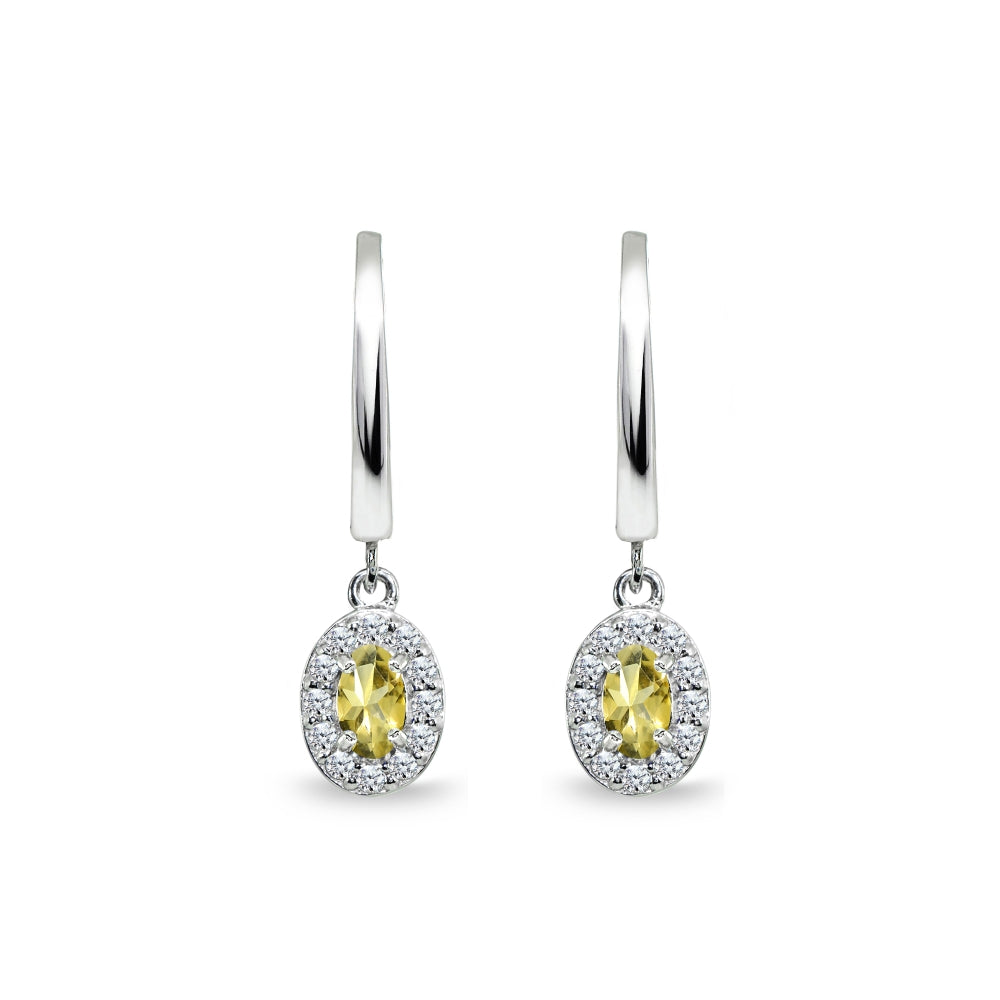 Sterling Silver Citrine & Cubic Zirconia Oval-Cut Halo Small Dangle Huggie Hoop Earrings-3