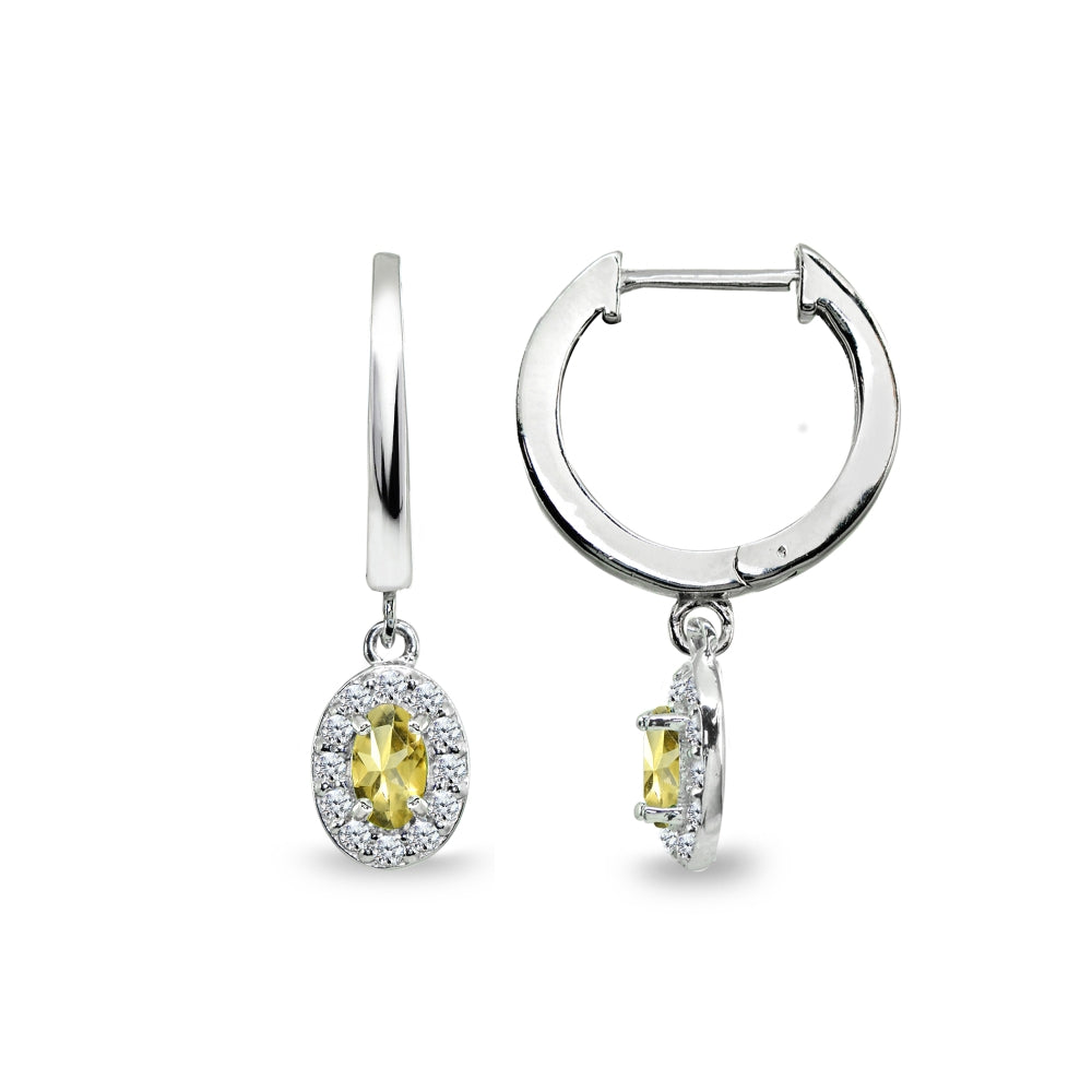 Sterling Silver Citrine & Cubic Zirconia Oval-Cut Halo Small Dangle Huggie Hoop Earrings-4