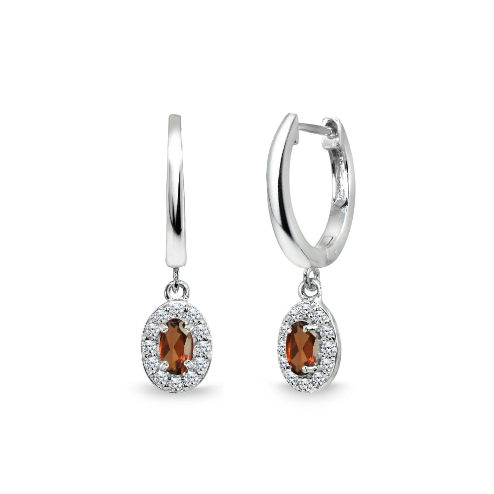 Sterling Silver Garnet & Cubic Zirconia Oval-Cut Halo Small Dangle Huggie Hoop Earrings