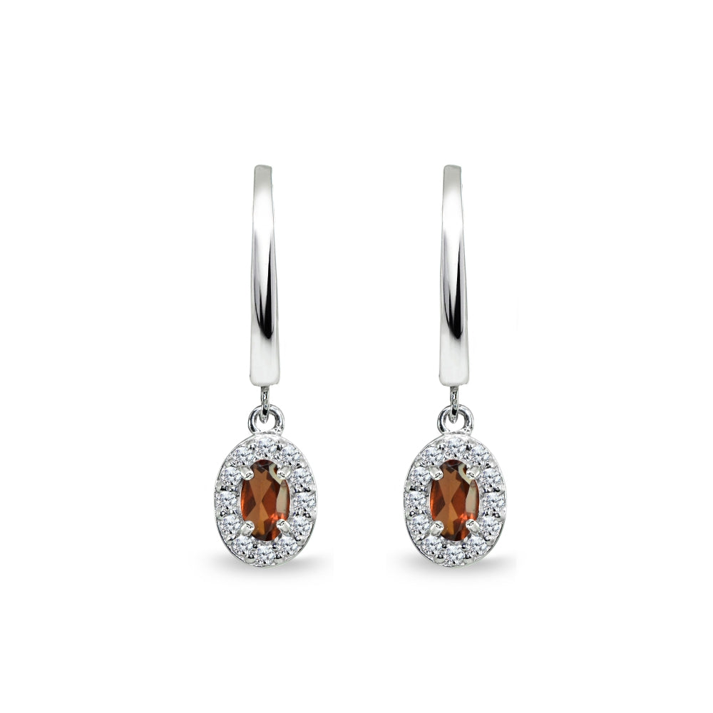 Sterling Silver Garnet & Cubic Zirconia Oval-Cut Halo Small Dangle Huggie Hoop Earrings-3