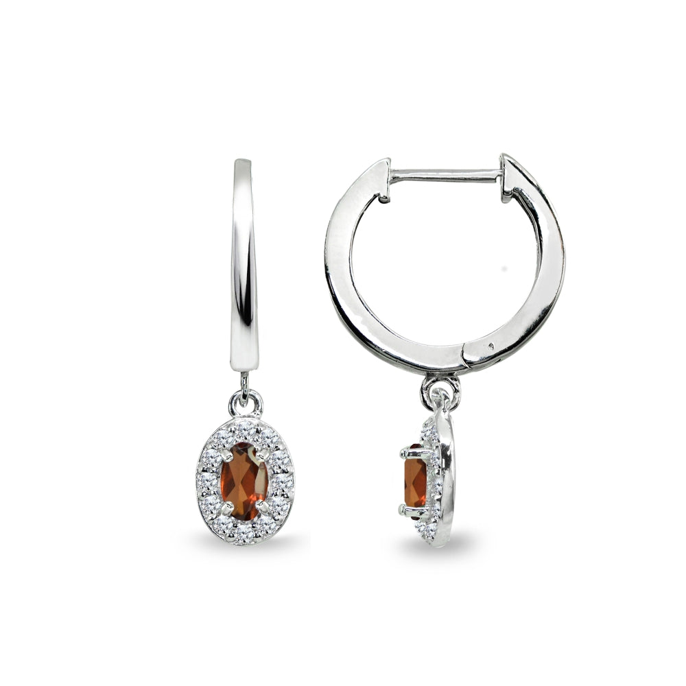 Sterling Silver Garnet & Cubic Zirconia Oval-Cut Halo Small Dangle Huggie Hoop Earrings-4
