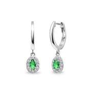 Sterling Silver Synthetic Green Quartz & Cubic Zirconia Oval-Cut Halo Small Dangle Huggie Hoop Earrings