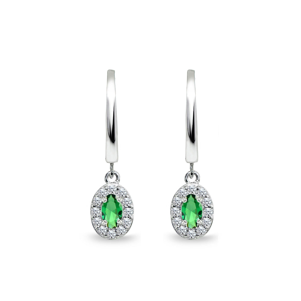 Sterling Silver Synthetic Green Quartz & Cubic Zirconia Oval-Cut Halo Small Dangle Huggie Hoop Earrings-3