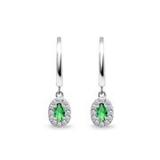 Sterling Silver Synthetic Green Quartz & Cubic Zirconia Oval-Cut Halo Small Dangle Huggie Hoop Earrings