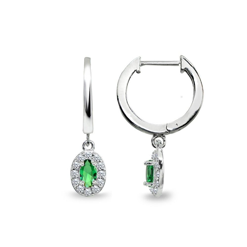 Sterling Silver Synthetic Green Quartz & Cubic Zirconia Oval-Cut Halo Small Dangle Huggie Hoop Earrings-4