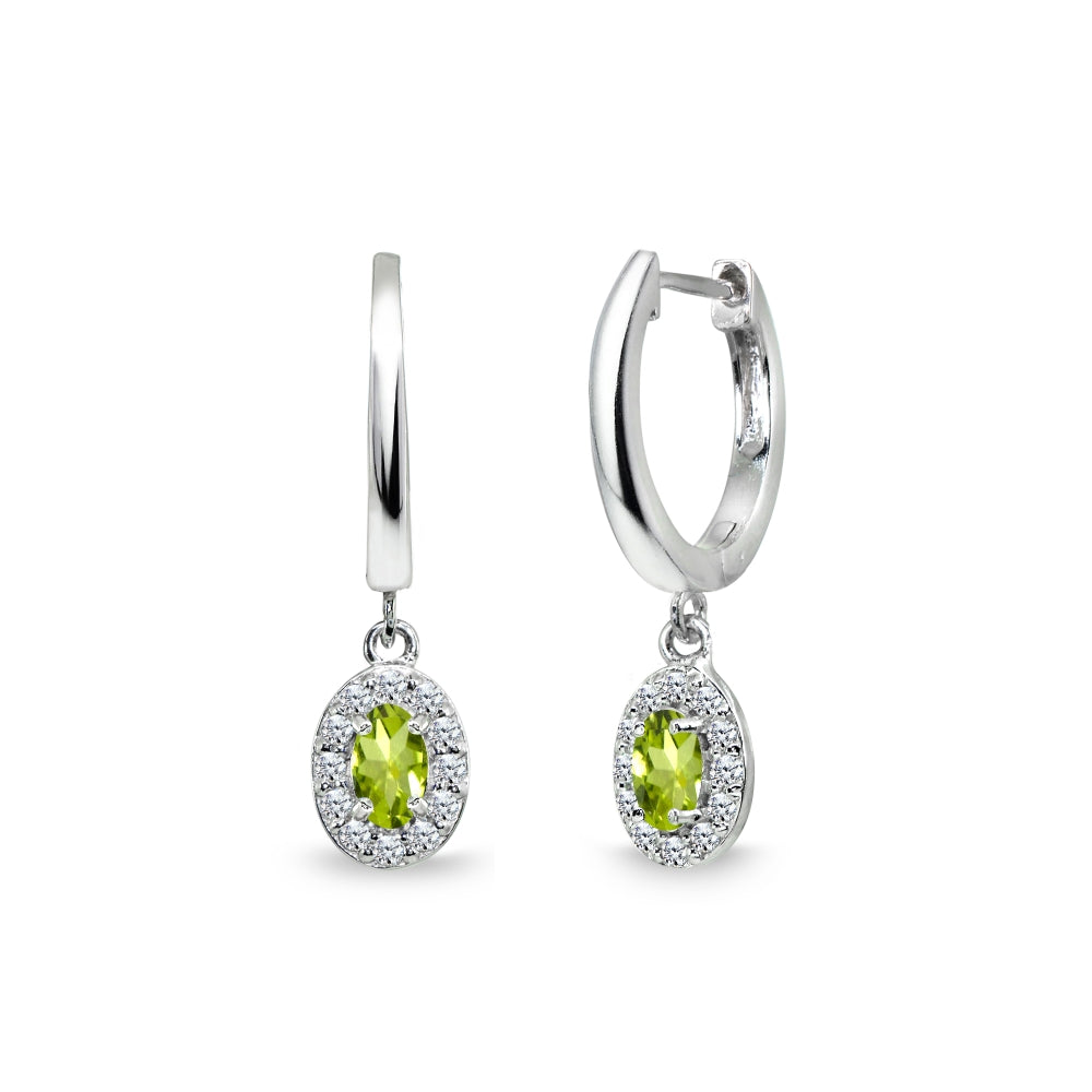 Sterling Silver Peridot & Cubic Zirconia Oval-Cut Halo Small Dangle Huggie Hoop Earrings