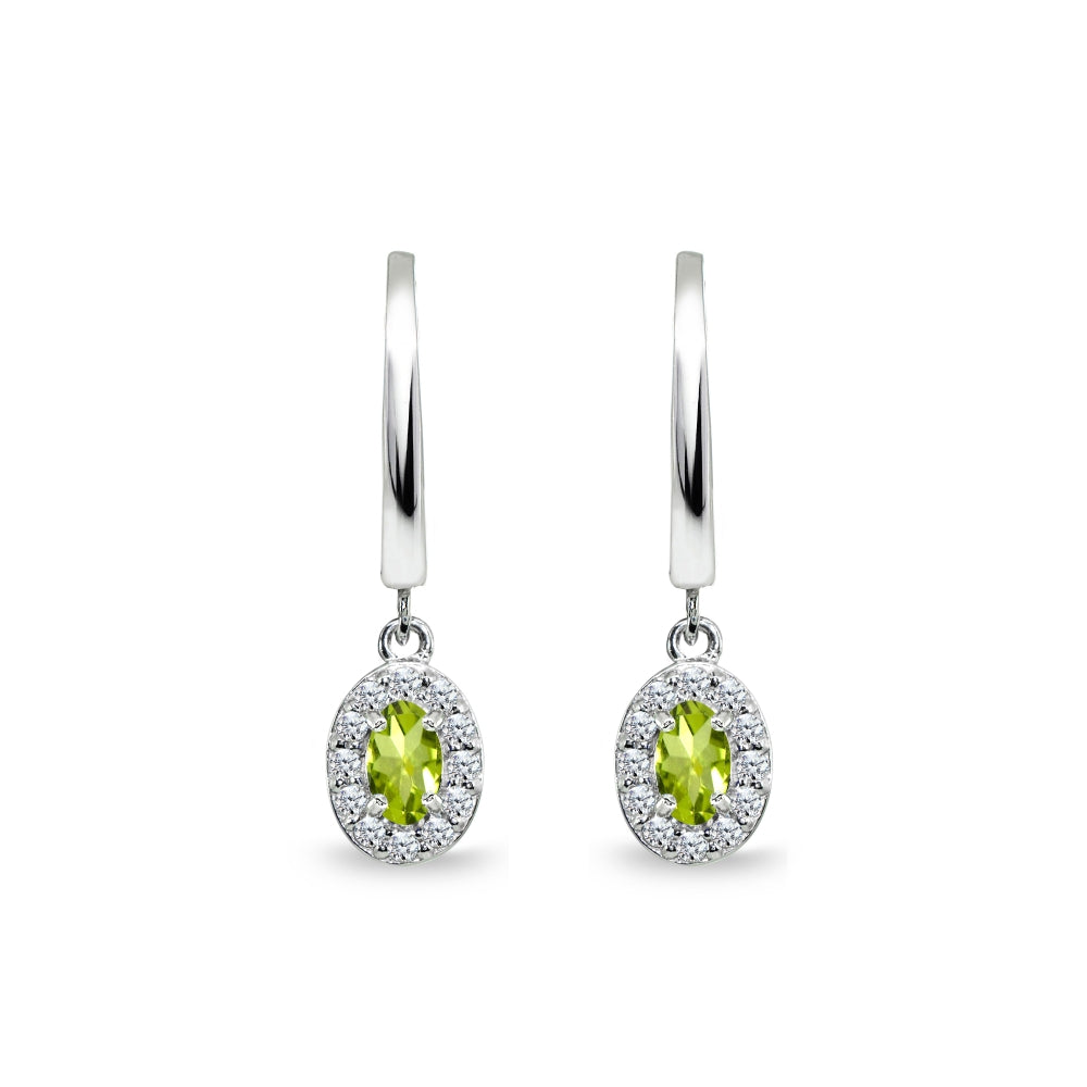 Sterling Silver Peridot & Cubic Zirconia Oval-Cut Halo Small Dangle Huggie Hoop Earrings-3