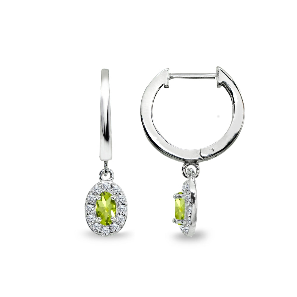 Sterling Silver Peridot & Cubic Zirconia Oval-Cut Halo Small Dangle Huggie Hoop Earrings-4