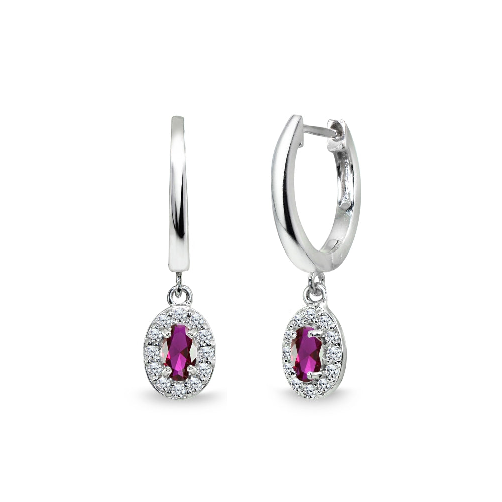 Sterling Silver Synthetic Ruby & Cubic Zirconia Oval-Cut Halo Small Dangle Huggie Hoop Earrings