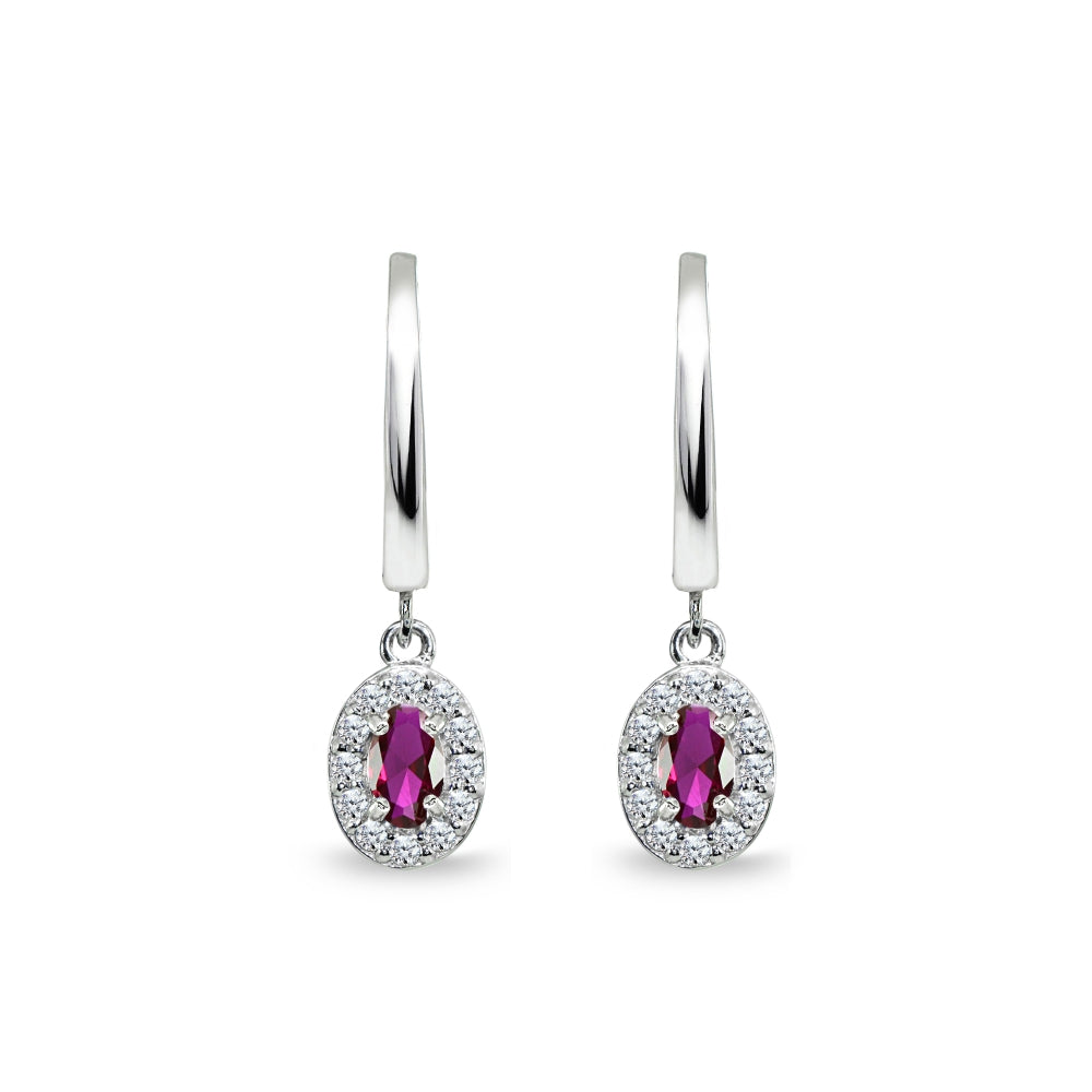 Sterling Silver Synthetic Ruby & Cubic Zirconia Oval-Cut Halo Small Dangle Huggie Hoop Earrings-3