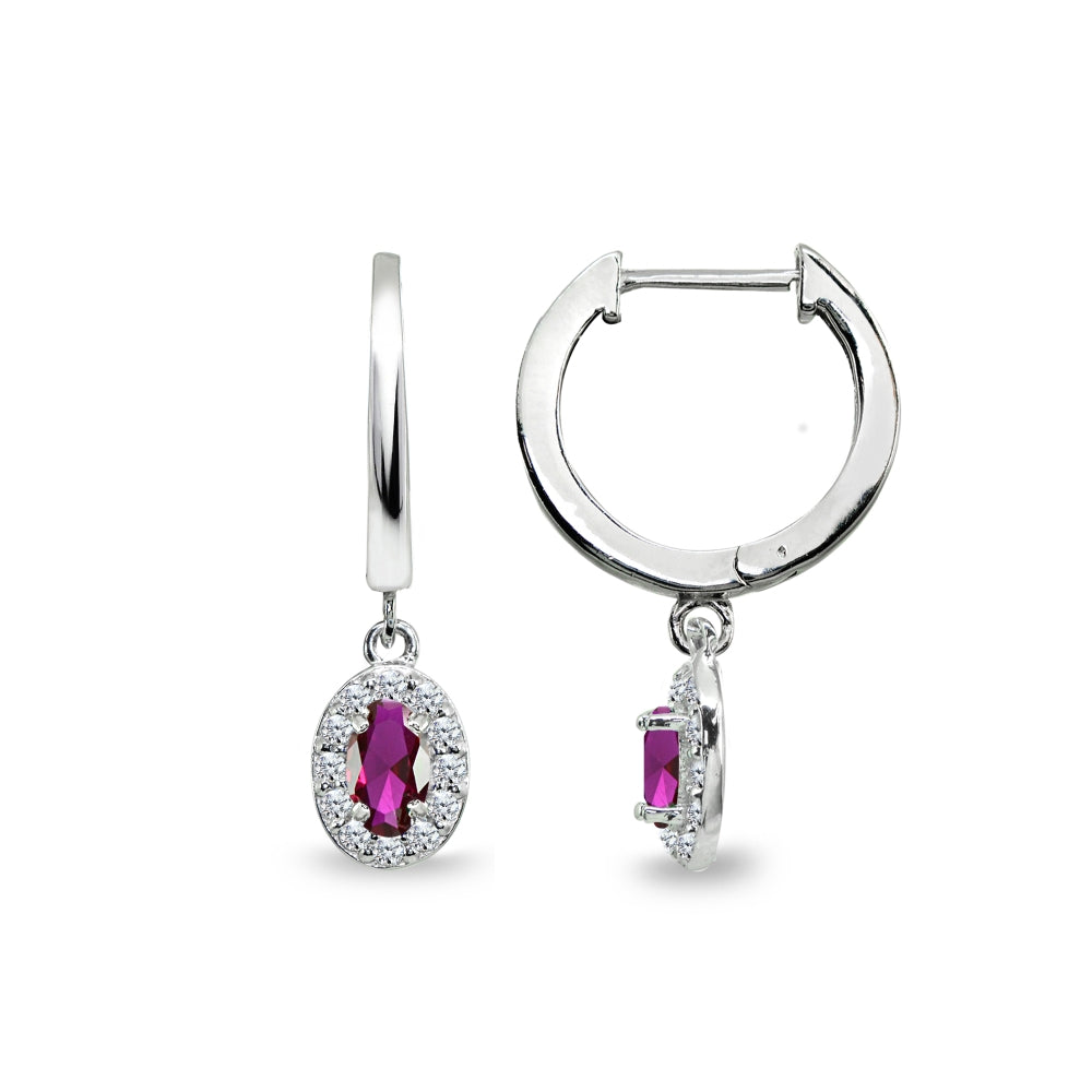 Sterling Silver Synthetic Ruby & Cubic Zirconia Oval-Cut Halo Small Dangle Huggie Hoop Earrings-4