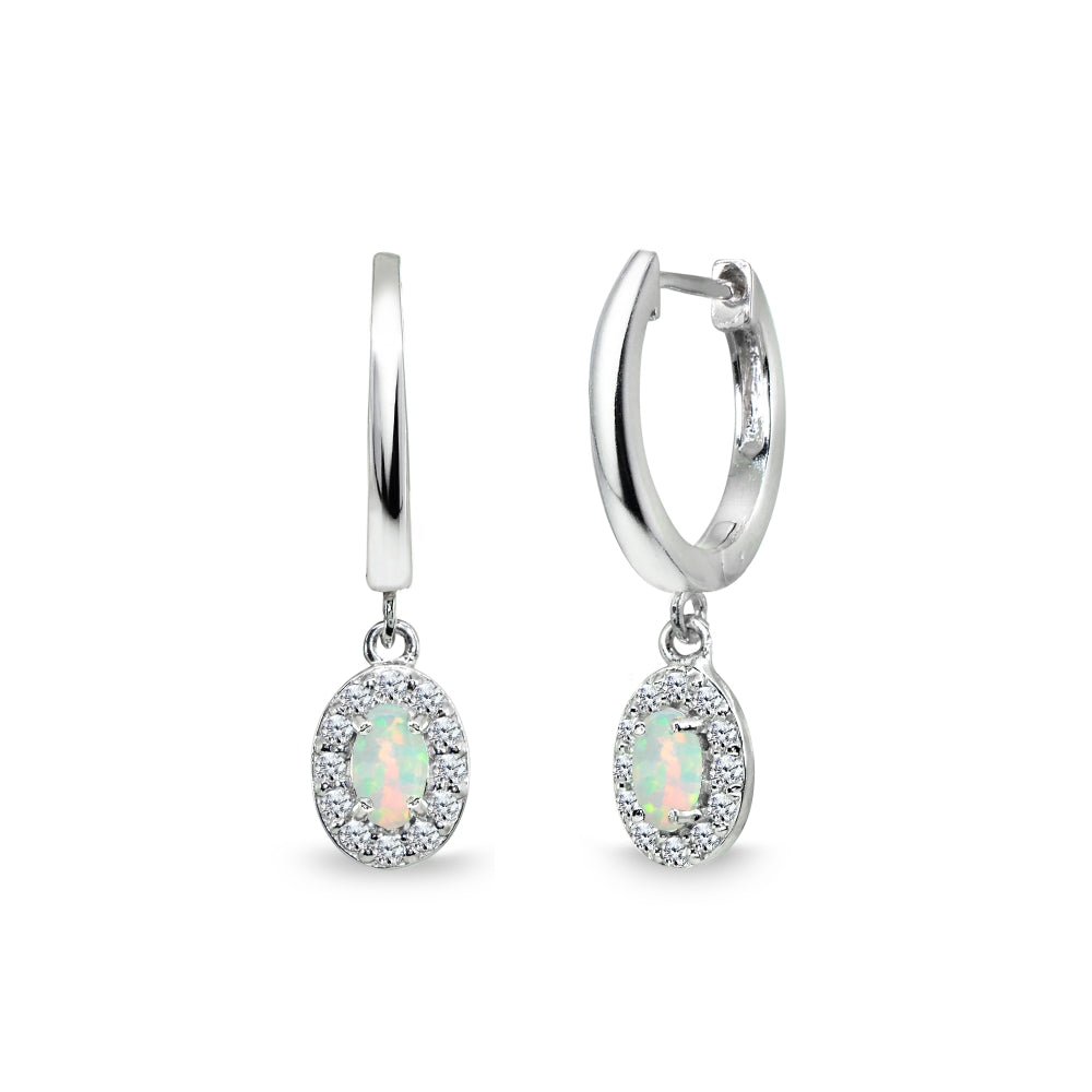Sterling Silver Synthetic White Opal & Cubic Zirconia Oval-Cut Halo Small Dangle Huggie Hoop Earrings