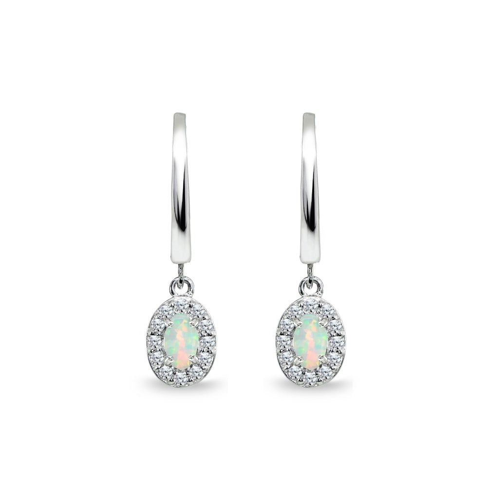Sterling Silver Synthetic White Opal & Cubic Zirconia Oval-Cut Halo Small Dangle Huggie Hoop Earrings-3
