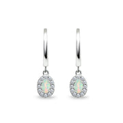 Sterling Silver Synthetic White Opal & Cubic Zirconia Oval-Cut Halo Small Dangle Huggie Hoop Earrings