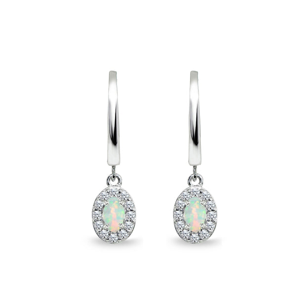 Sterling Silver Synthetic White Opal & Cubic Zirconia Oval-Cut Halo Small Dangle Huggie Hoop Earrings