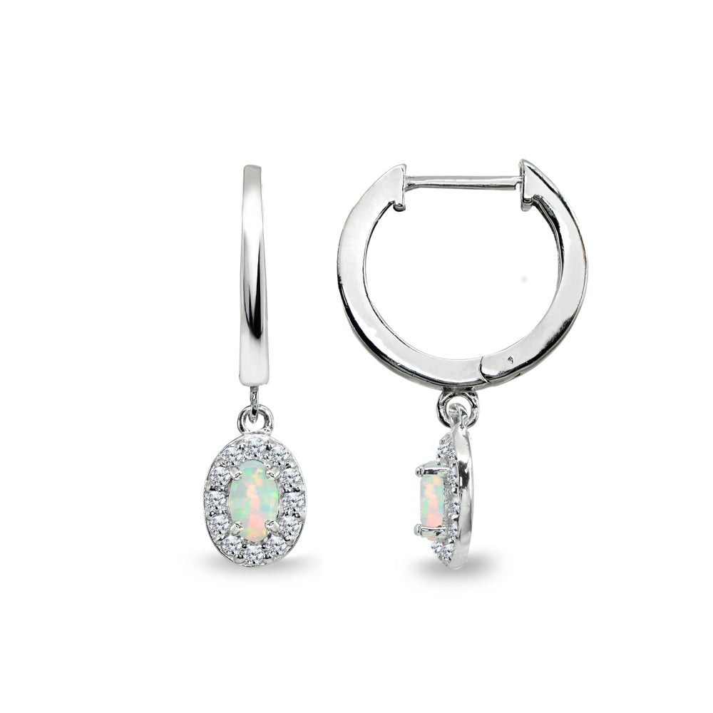 Sterling Silver Synthetic White Opal & Cubic Zirconia Oval-Cut Halo Small Dangle Huggie Hoop Earrings-4