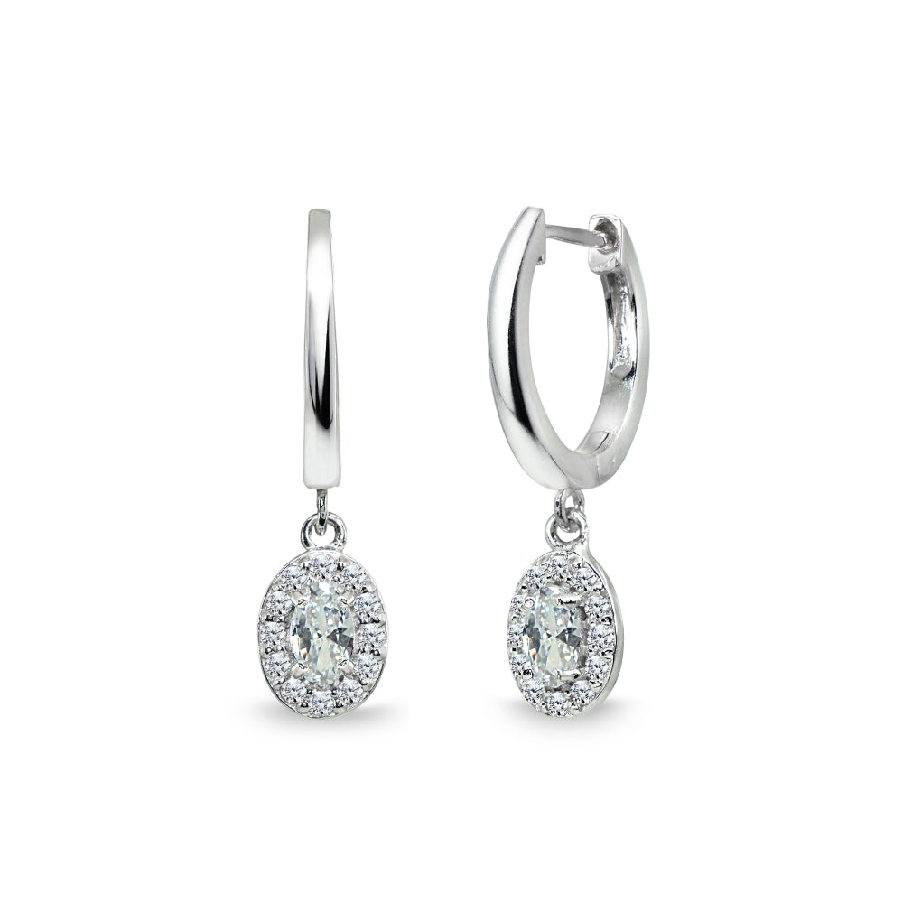Sterling Silver Cubic Zirconia Oval-Cut Halo Small Dangle Huggie Hoop Earrings