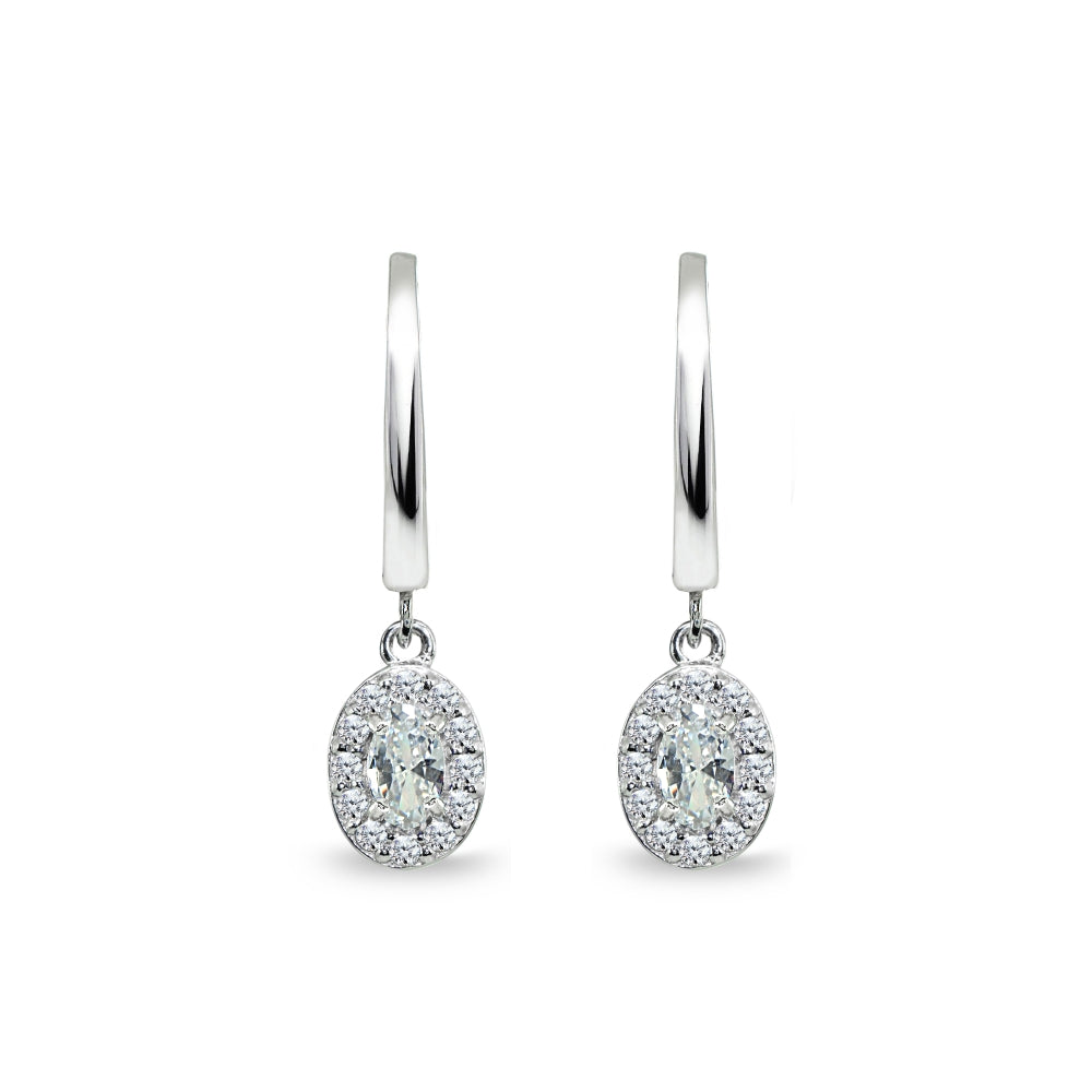 Sterling Silver Cubic Zirconia Oval-Cut Halo Small Dangle Huggie Hoop Earrings-3