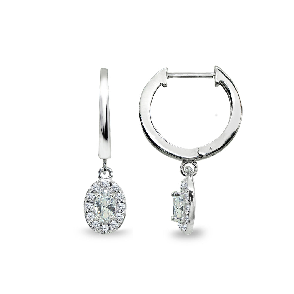 Sterling Silver Cubic Zirconia Oval-Cut Halo Small Dangle Huggie Hoop Earrings-4