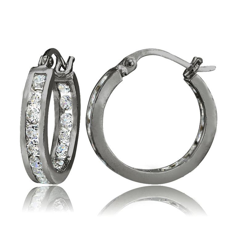 Black Tone over Sterling Silver Cubic Zirconia Inside Out Channel-Set 15mm Round Hoop Earrings