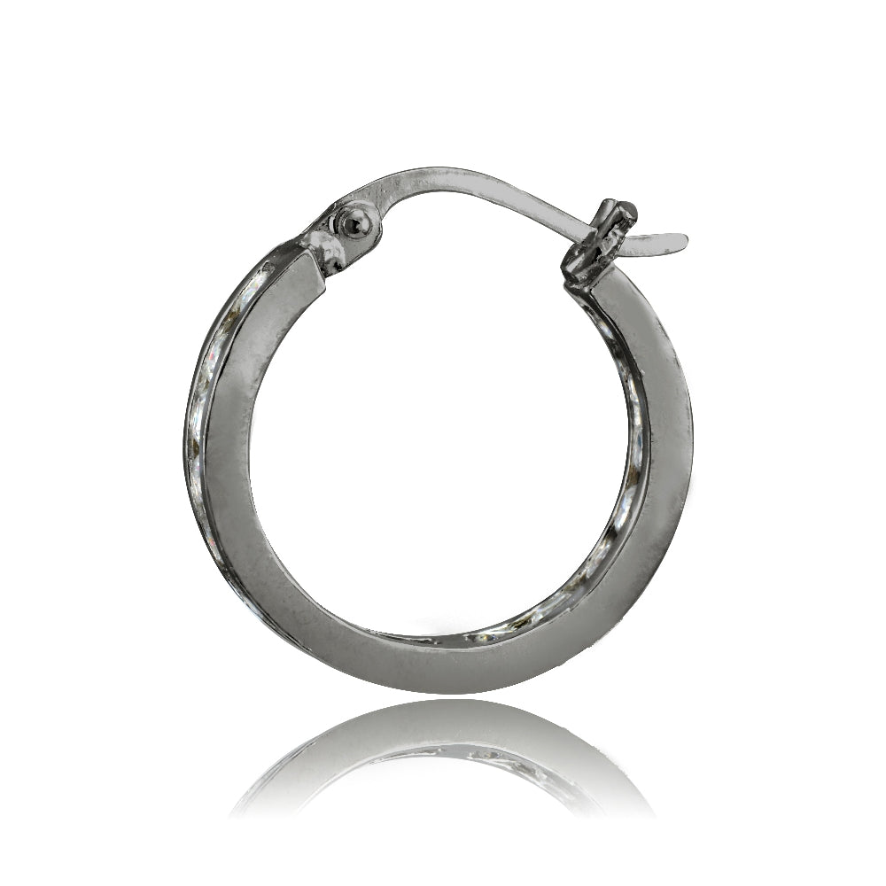 Black Tone over Sterling Silver Cubic Zirconia Inside Out Channel-Set 15mm Round Hoop Earrings-2