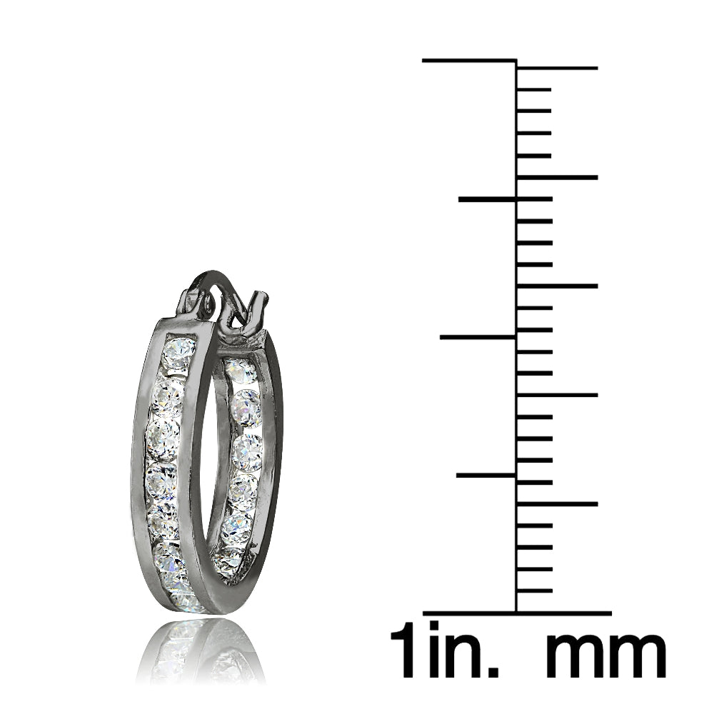 Black Tone over Sterling Silver Cubic Zirconia Inside Out Channel-Set 15mm Round Hoop Earrings-3
