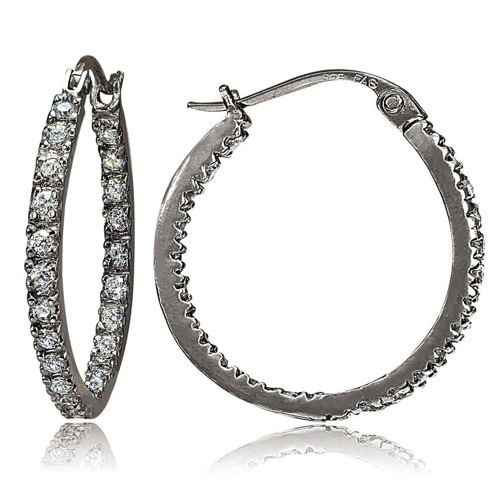 Black Tone over Sterling Silver Cubic Zirconia Inside Out 20mm Round Hoop Earrings