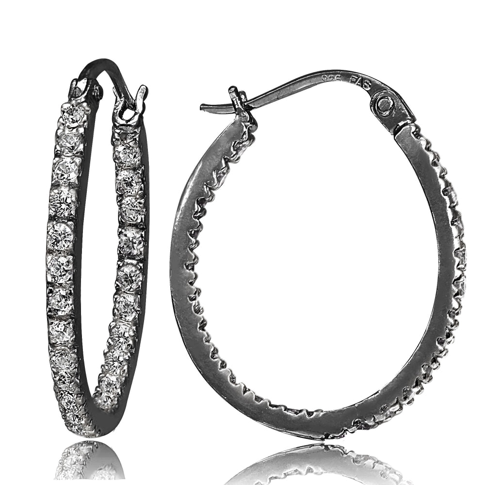 Black Tone over Sterling Silver Cubic Zirconia Inside Out 20mm Oval Hoop Earrings