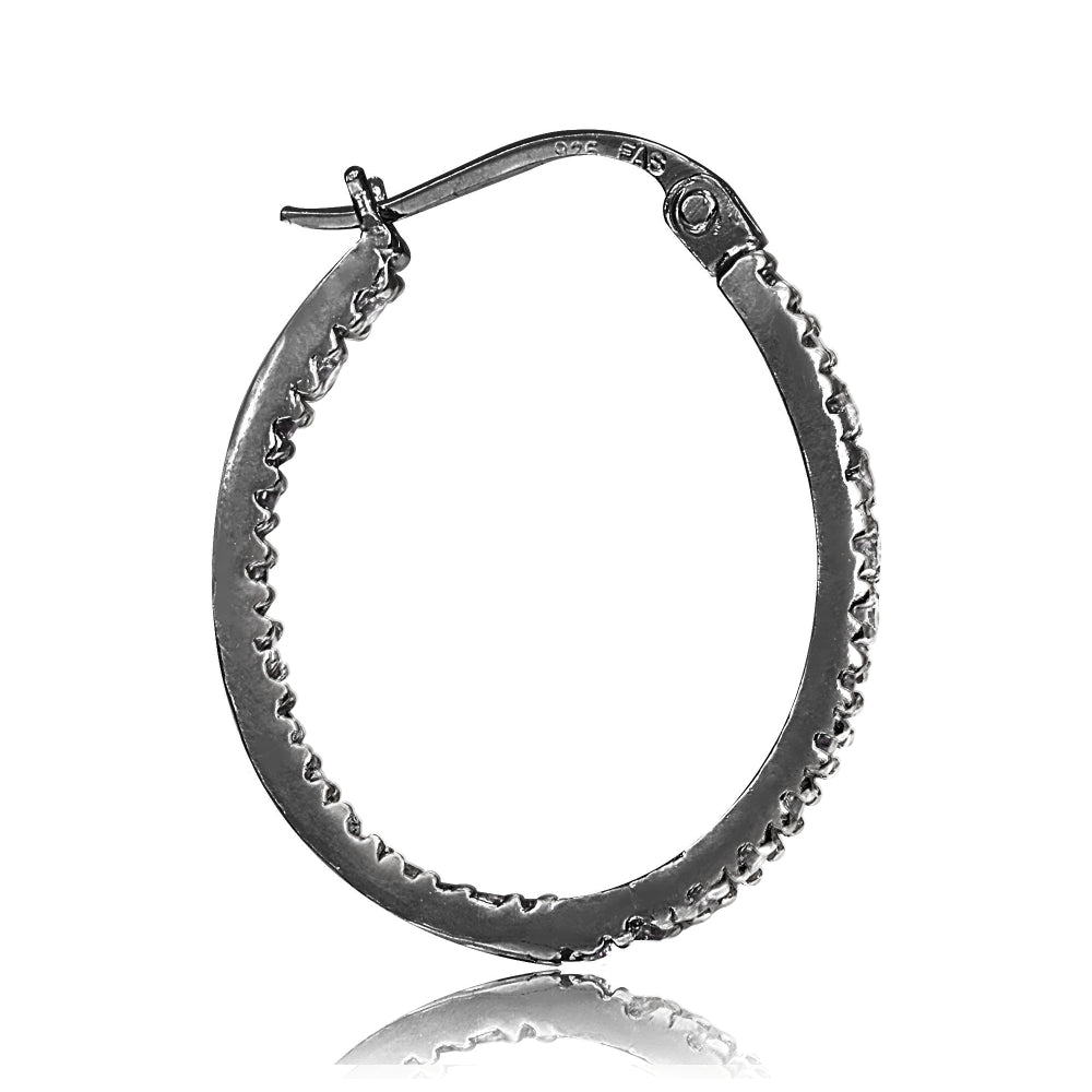 Black Tone over Sterling Silver Cubic Zirconia Inside Out 20mm Oval Hoop Earrings-2